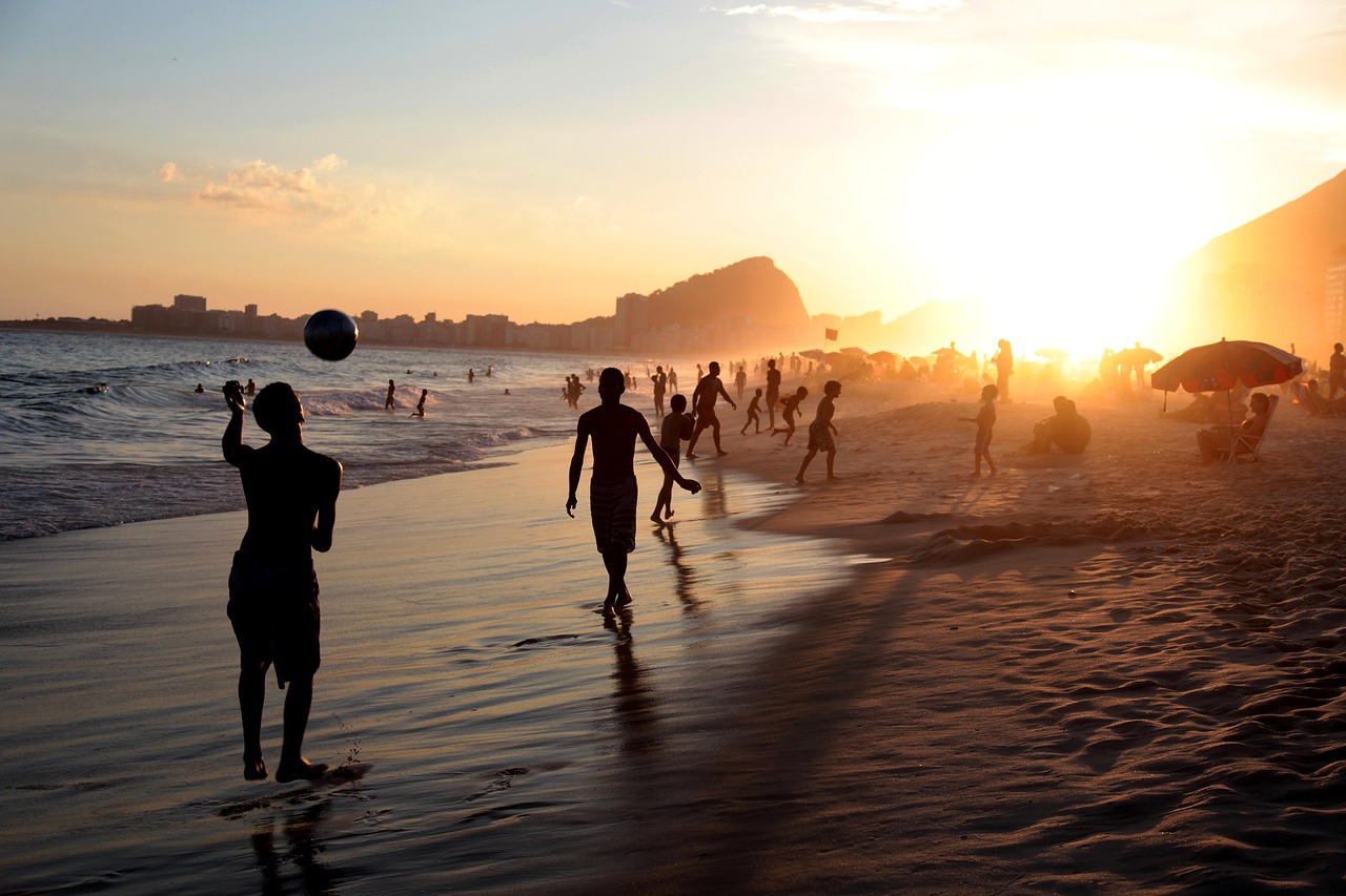 people, beach, sea, nature, coast, sand, tourists, rio, brazil, soccer, football, ball, playing, ray, ocean, copacabana, sunset, rio de janeiro